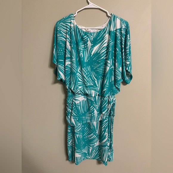London Times Dress Size 16 Teal Tropical Batwing Cinched Blouson Resort Vacation - Picture 1 of 7